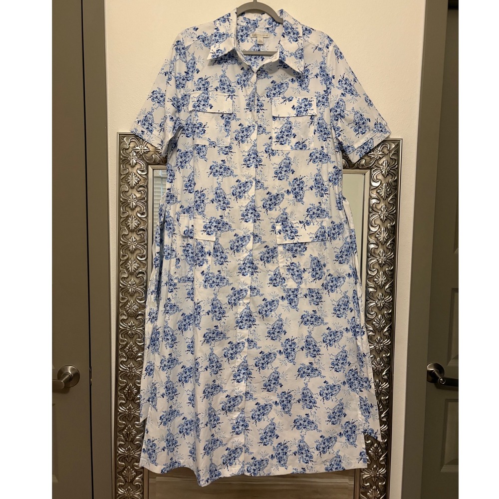 Cato Blue White Floral Shirt Dress Short Sleeve Tie Waist Midi L Coastal d5